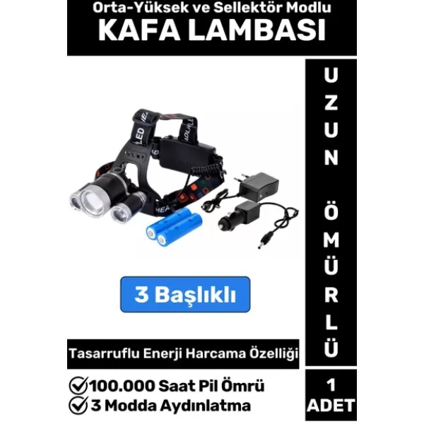 Profesyonel Kamp Avcı Balıkçı Deprem Güçlü Işık 3 Modlu Şarjlı 3 Başlıklı KAFA LAMBASI