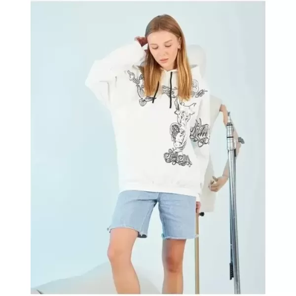Kapüşonlu Strong Heykel Baskılı Sweatshirt - Beyaz