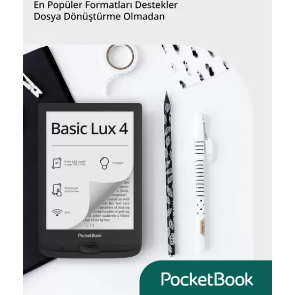 PocketBook Basic Lux 4 E-Kitap Okuyucu | 6ʺ E-Ink Teknolojisi | Siyah