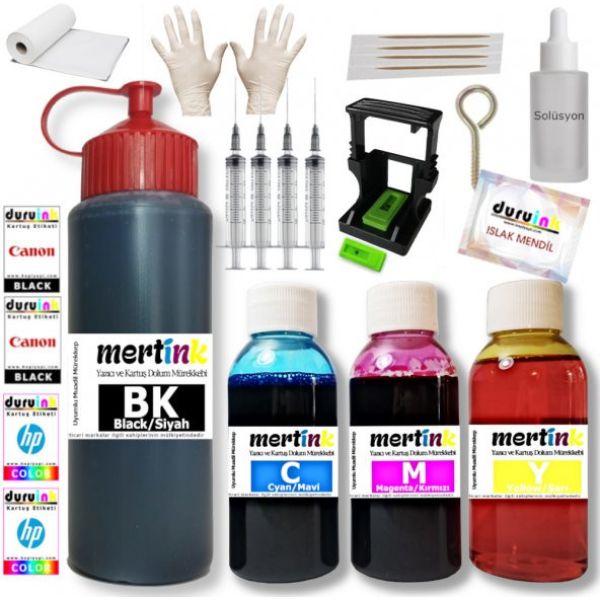 HP 305 İÇİN UYUMLU KARTUŞ DOLUM SETİ 500ML SİYAH+3X100ML RENKLİ