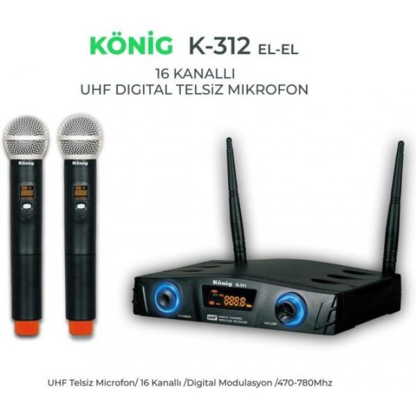König K-312 Çift El Kablosuz Telsiz Mikrofon 16 Digital Kanal UHF