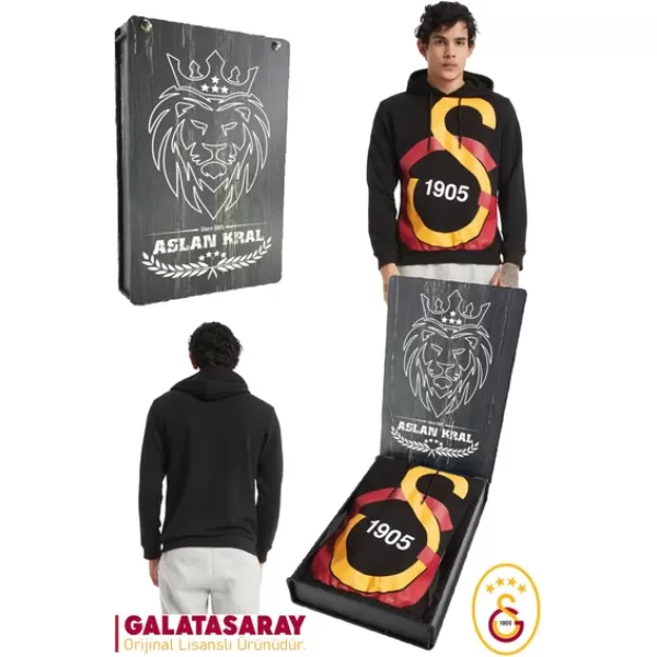 Galatasaray Orijinal Lisanslı Büyük Logo Kapüşonlu Erkek Sweat Hediyelik Ahşap Kutulu