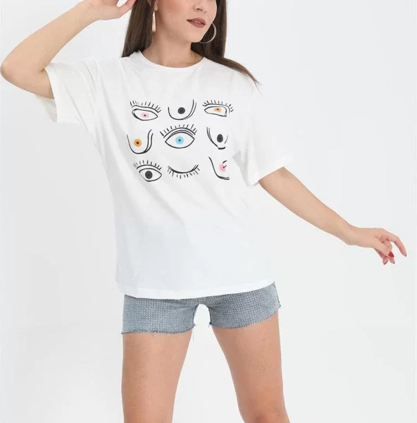 Tshirt Göz Baskılı Bisiklet Yaka - Ekru