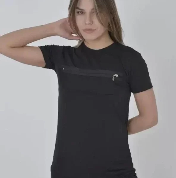 Göğüste Fermuar Aksesuarlı Dar Kalıp T-Shirt - Siyah
