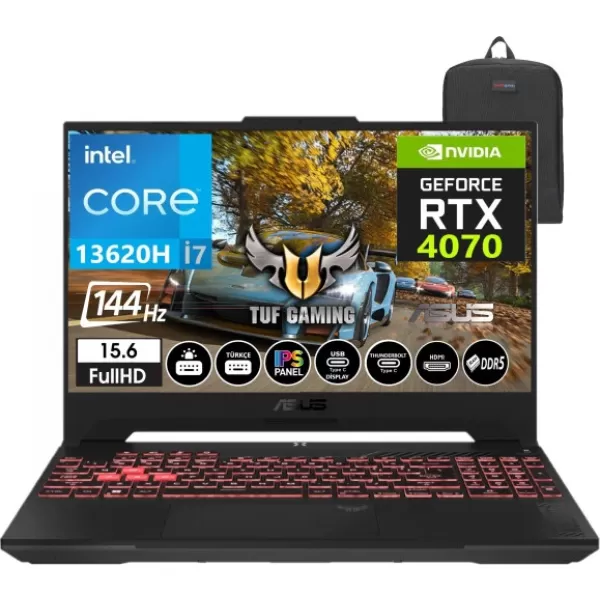 Asus Tuf Gaming F15 FX507VI-LP090 13. Nesil Intel I7-13620H 64GB DDR5 Ram  512GB SSD Windows11Home 15.6 Inç Fhd 144Hz 8gb RTX4070 140W Taşınabilir Bilgisayar FX507VI-LP09025+WeblegelsinÇanta